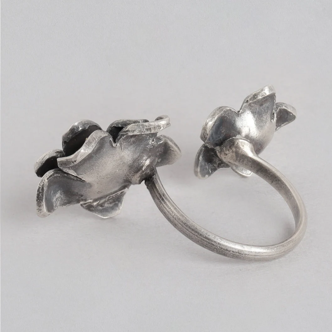 Duo Flower Oxidised 925 Sterling Silver Ring for Women (Adjustable) - Image 6