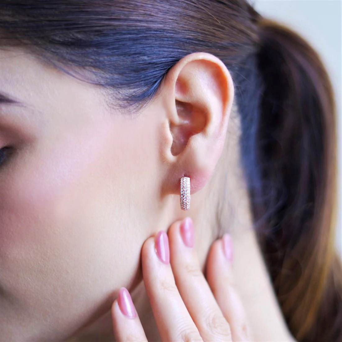 Petals in Embrace: Intricate Floral Rose Gold Huggie 925 Silver Earrings Gift Hamper - Image 3