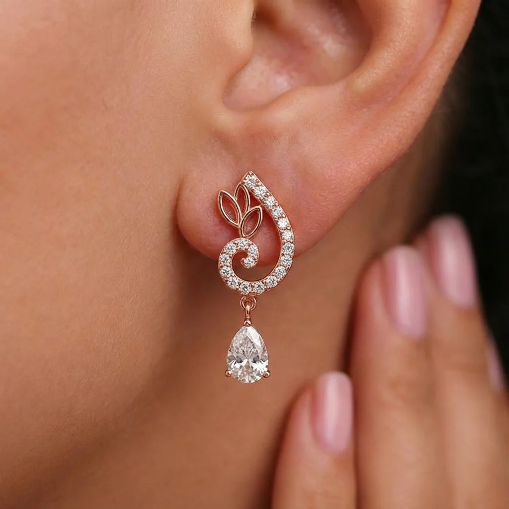 Flourish Drop Rose Gold 925 Sterling Silver Earrings - Image 2