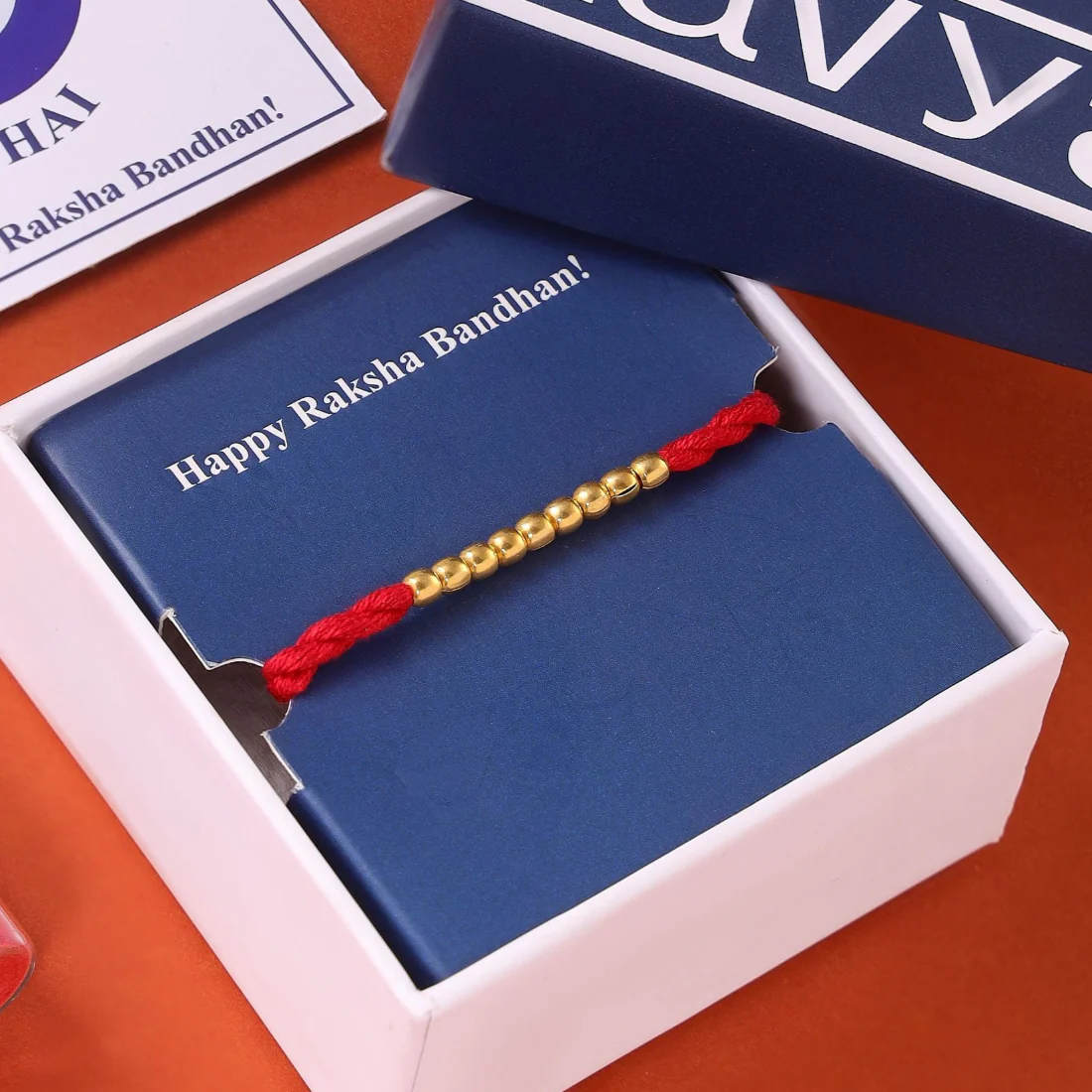 Elegant Golden Beads Sterling Silver Thread Rakhi For Him - Image 3