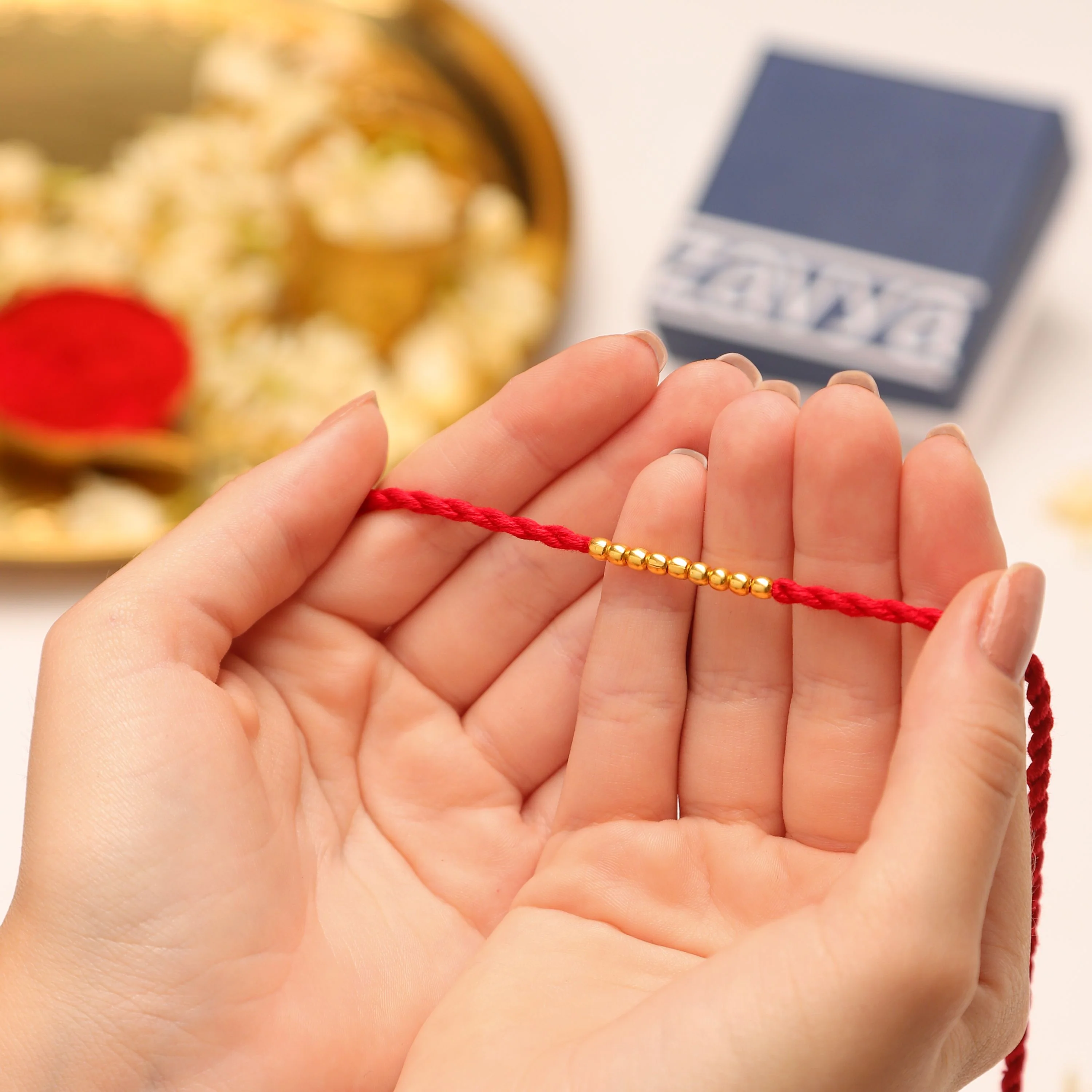 Elegant Golden Beads Sterling Silver Thread Rakhi For Him - Image 4