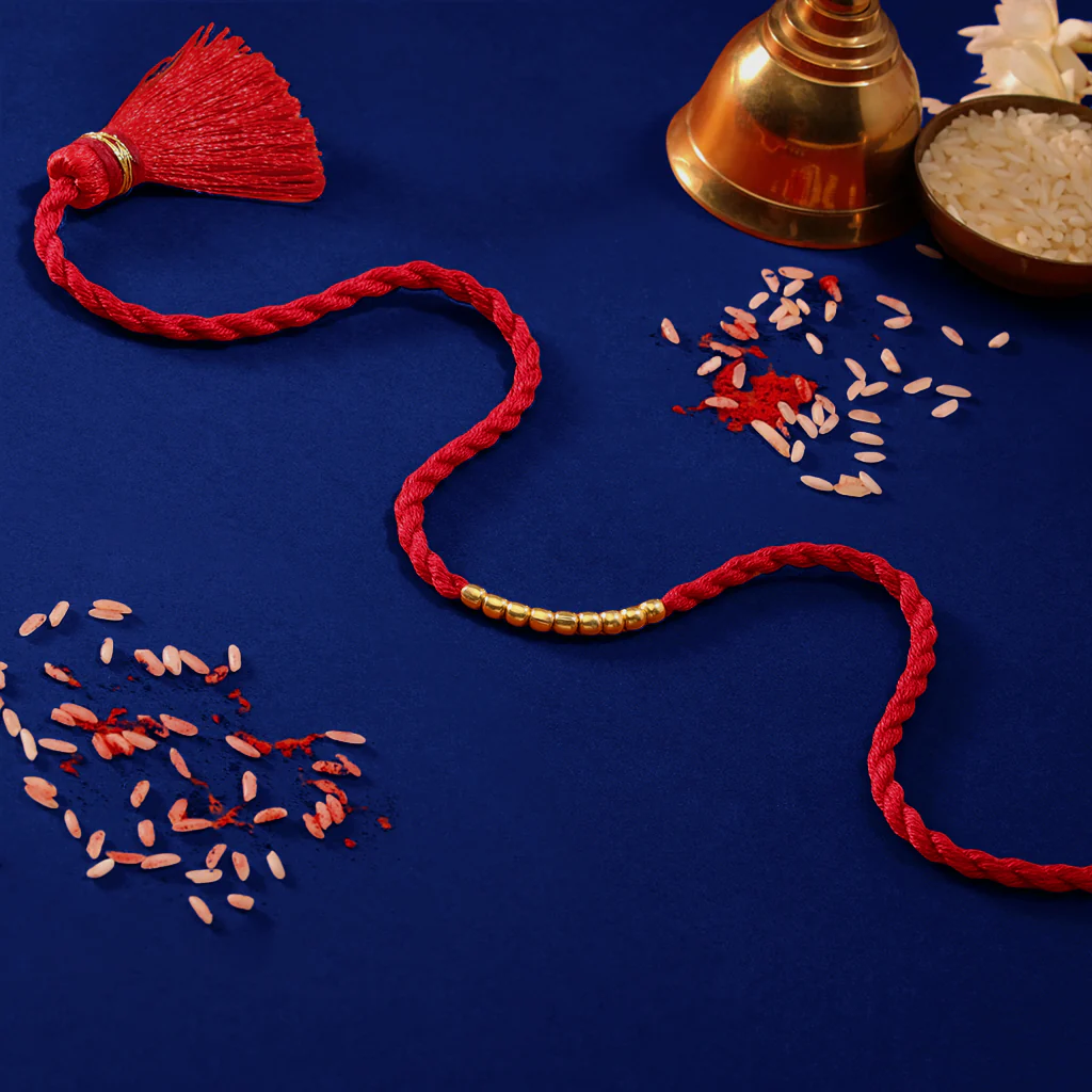 Elegant Golden Beads Sterling Silver Thread Rakhi For Him - Image 8