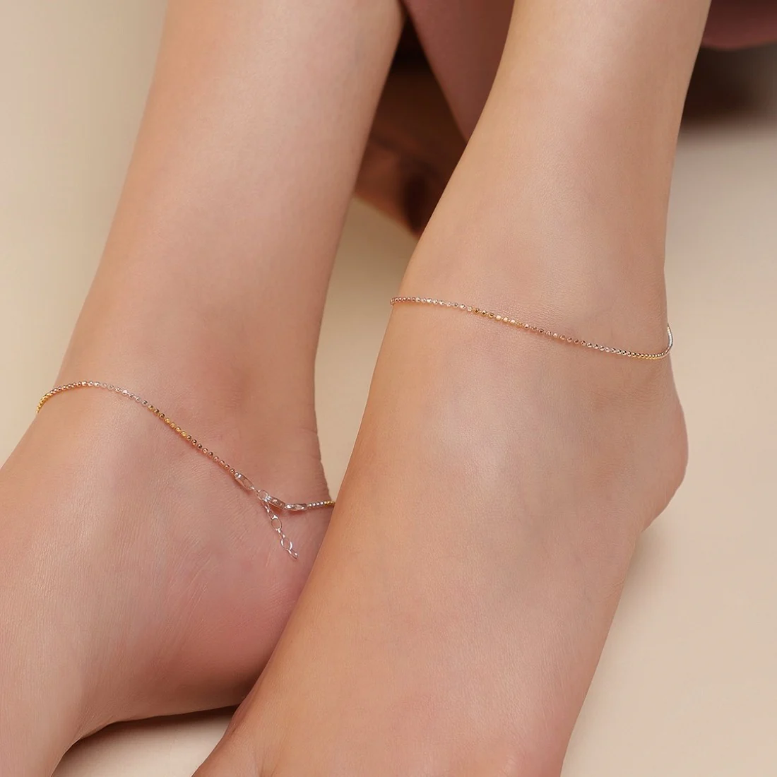 Elegant Triple Tone 925 Sterling Silver Beaded Chain Anklet - Image 3