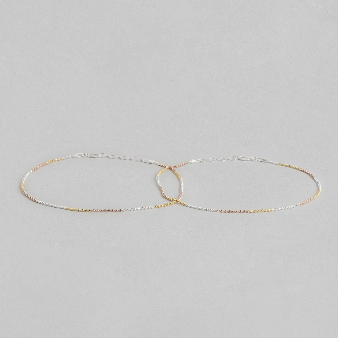 Elegant Triple Tone 925 Sterling Silver Beaded Chain Anklet - Image 7