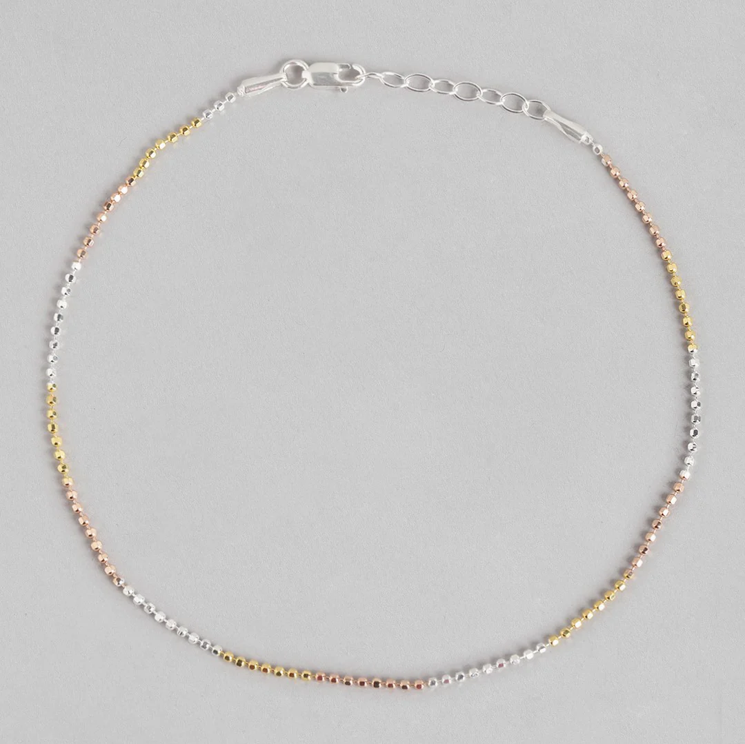 Elegant Triple Tone 925 Sterling Silver Beaded Chain Anklet - Image 8