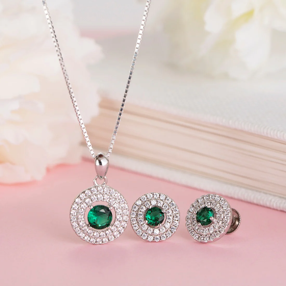 Emerald Elegance Rhodium-Plated CZ 925 Sterling Silver Jewelry Set