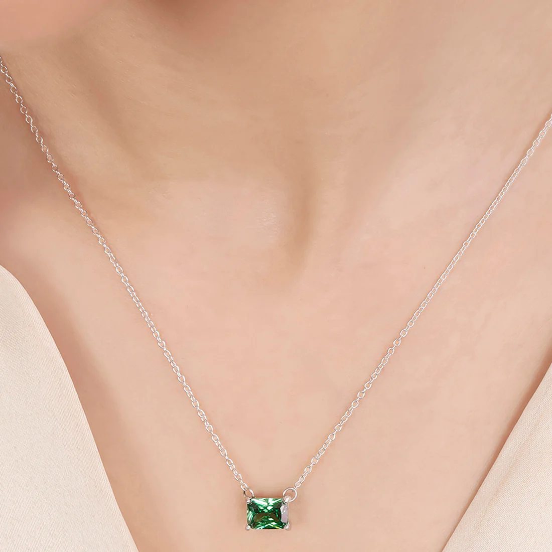 Emerald Solitaire Rhodium Plated 925 Sterling Silver Necklace - Image 3