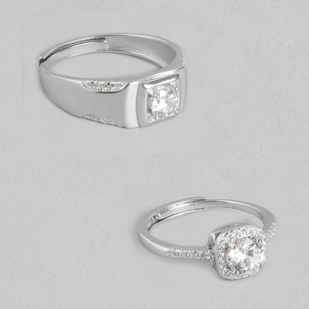 Eternal Sparkle Rhodium-Plated 925 Sterling Silver Zirconia Couple Ring (Adjustable) - Image 6