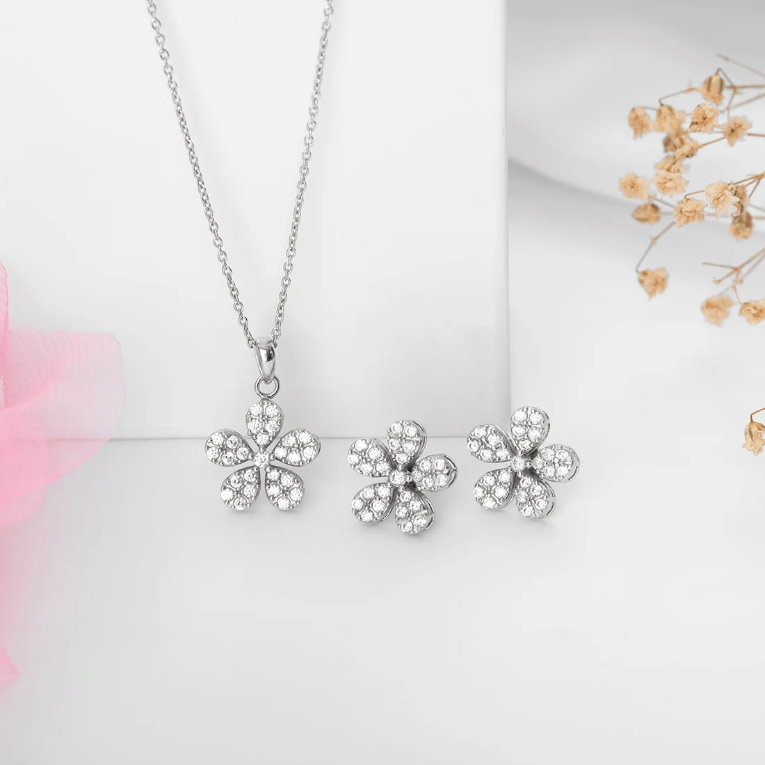 Ethereal Floral CZ Radiance Rhodium-Plated 925 Sterling Silver Jewelry Set - Image 3