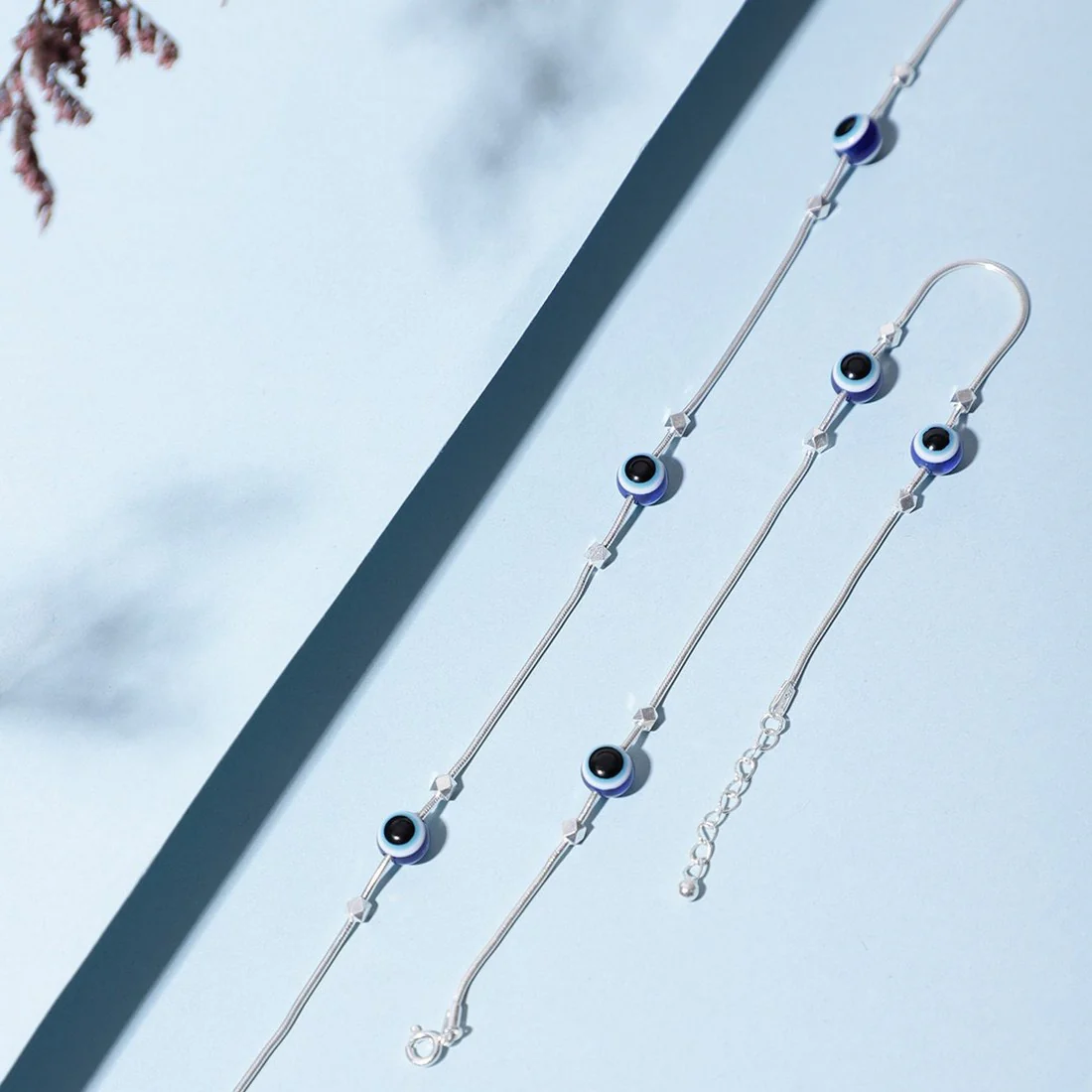 Evil Eye Beaded Rhodium Plated 925 Sterling Silver Chain Anklet - Image 4