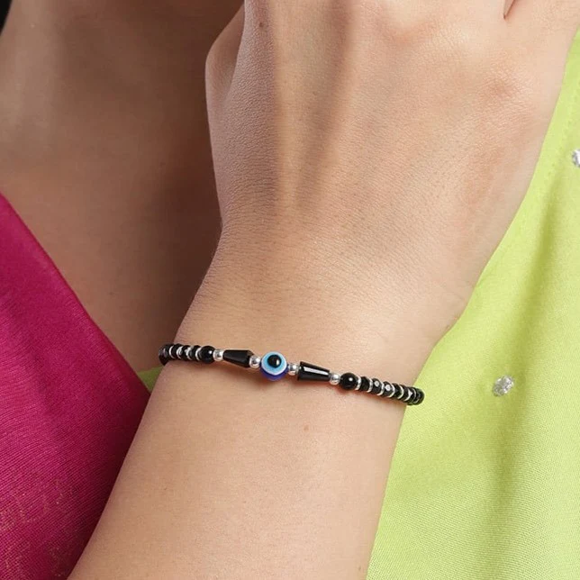 Evil Eye Black Beads 925 Sterling Silver Bracelet - Image 2