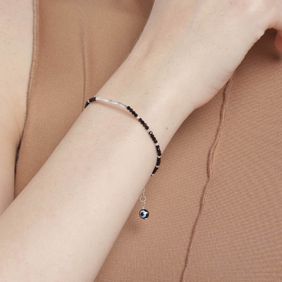 Evil Eye Charms 925 Sterling Silver Rhodium-Plated Bracelet with Beads - Image 2