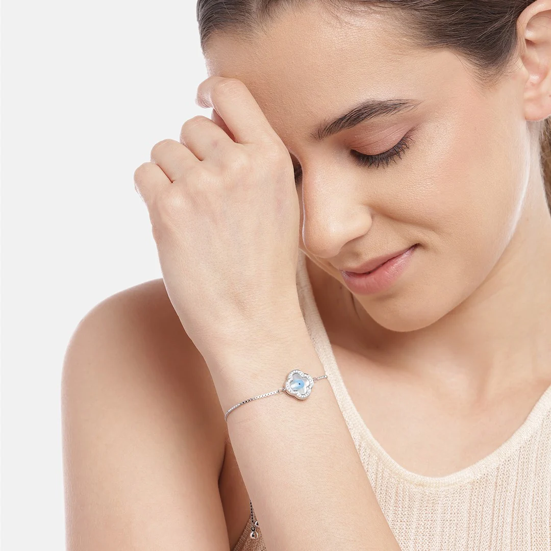 Evil Eye Rhodium Plated 925 Sterling Silver Box Chain Bracelet - Image 2