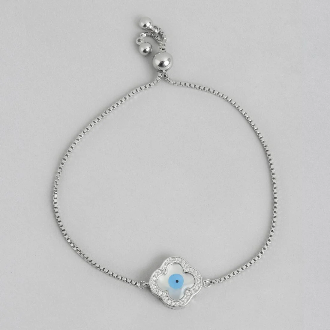 Evil Eye Rhodium Plated 925 Sterling Silver Box Chain Bracelet - Image 3