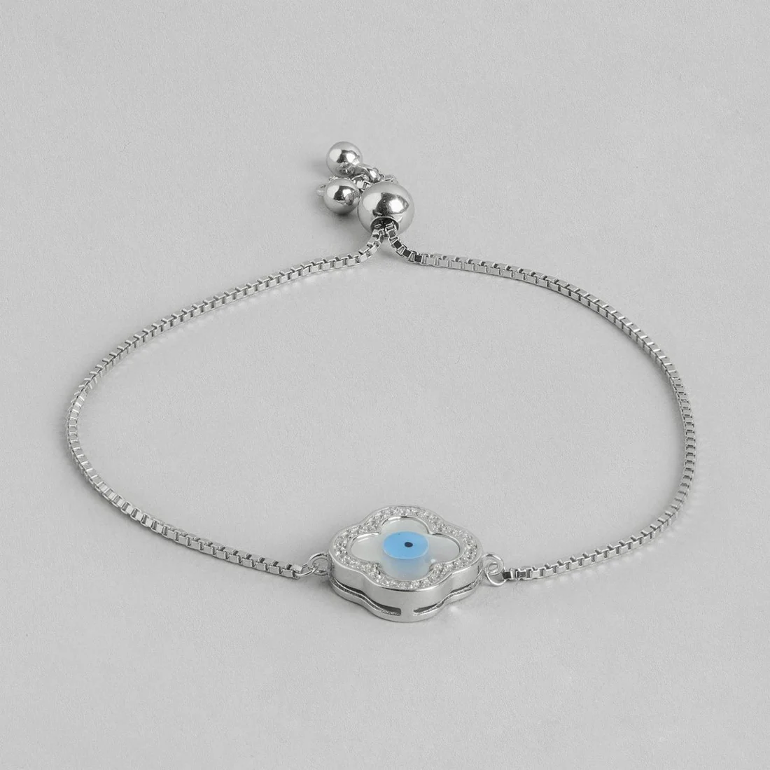 Evil Eye Rhodium Plated 925 Sterling Silver Box Chain Bracelet - Image 4