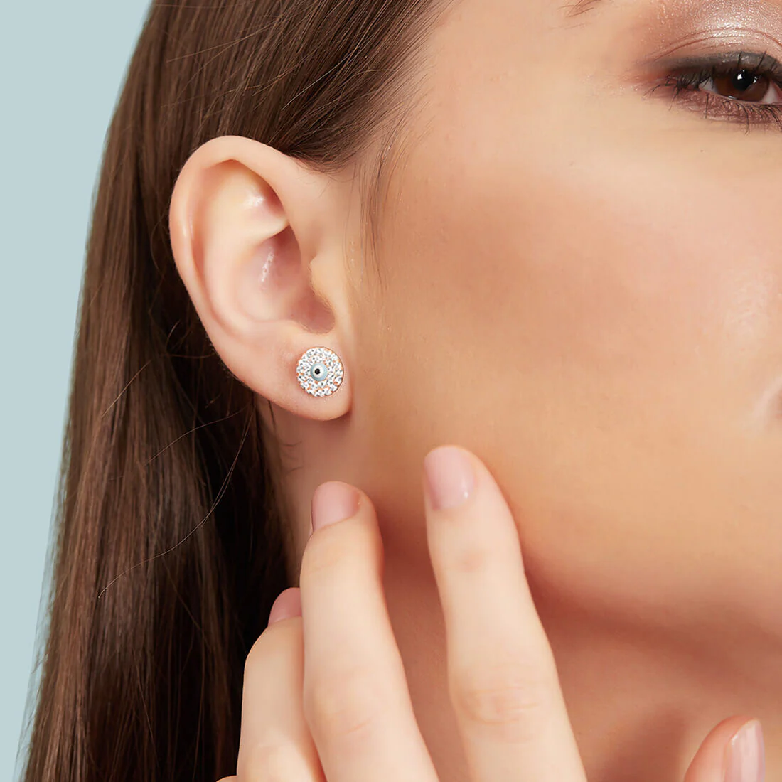 Edgy Evil Eye Cubic Zirconia Studs 925 Silver Earrings in Rose Gold - Image 2