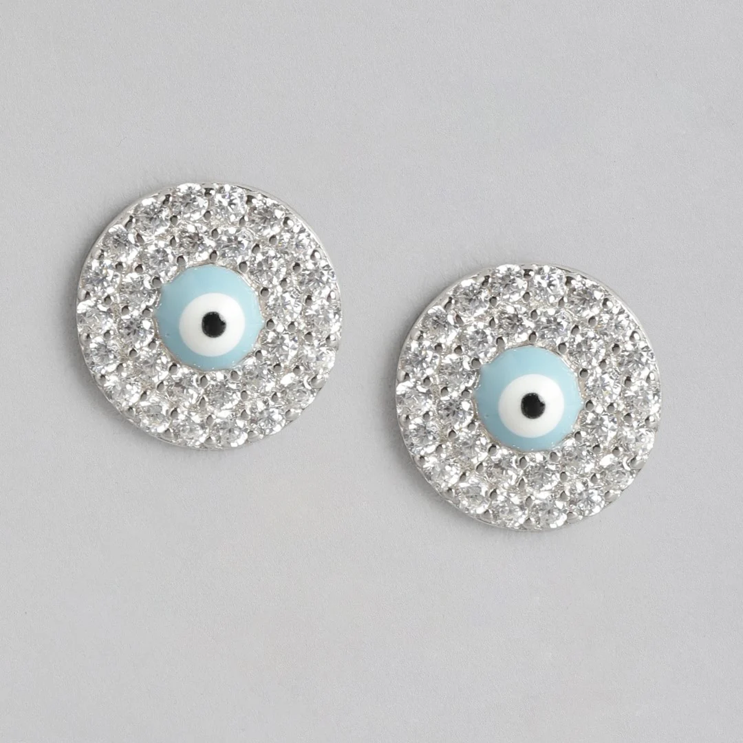 Evil Eye Stone and Cubic Zirconia Stud 925 Silver Earrings - Image 5