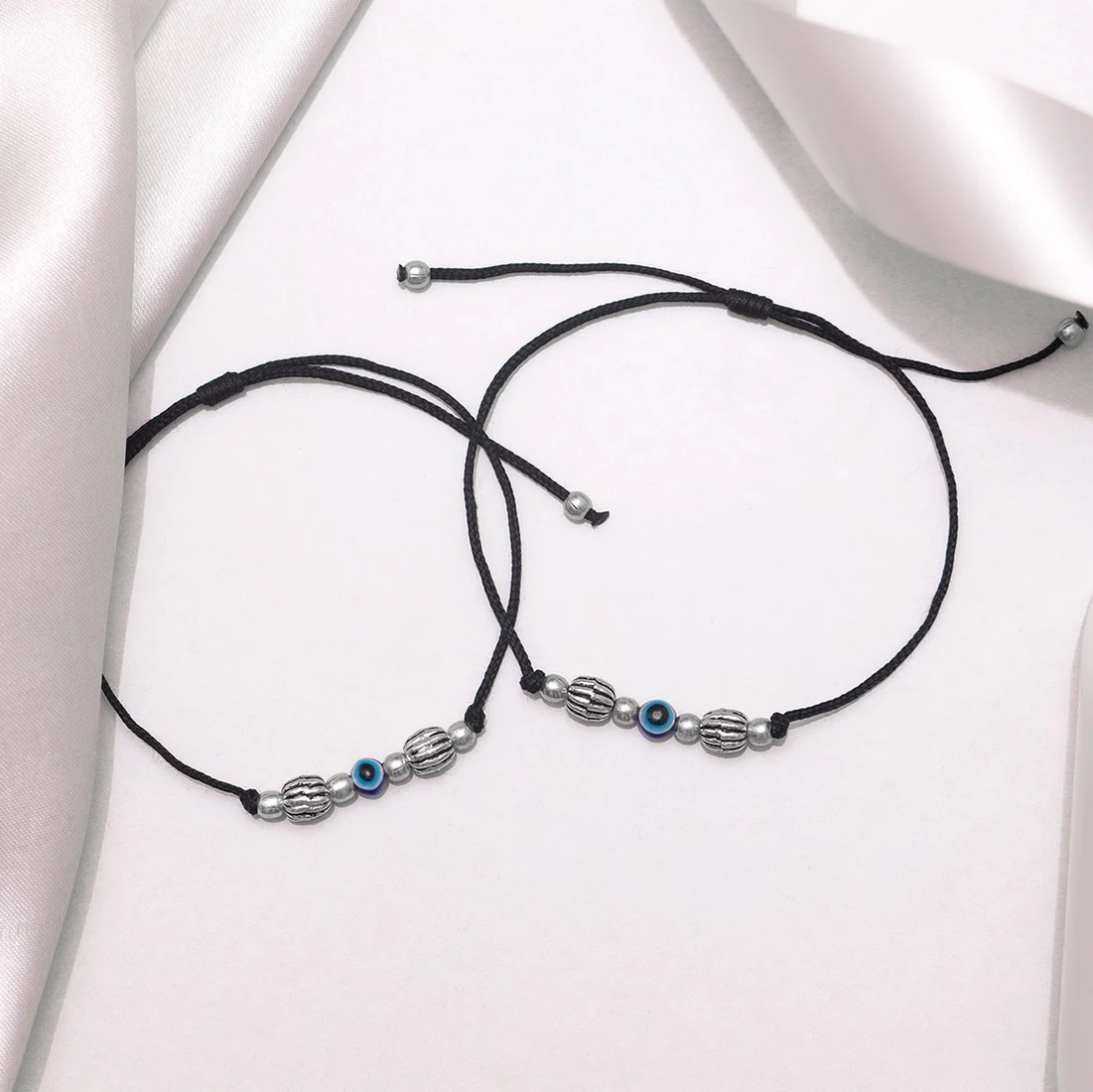 Evil Eyes Rhodium Plated 925 Sterling Silver Thread Anklet - Image 2