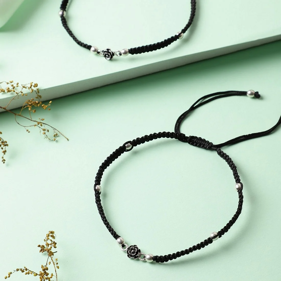 Floral Beads Rhodium Plated 925 Sterling Silver Thread Anklet - Image 2