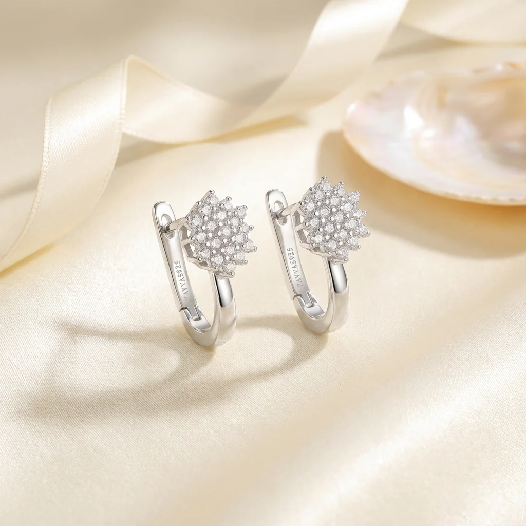 Floral Whisper Silver Hoop Rhodium Plated Earrings - Image 6