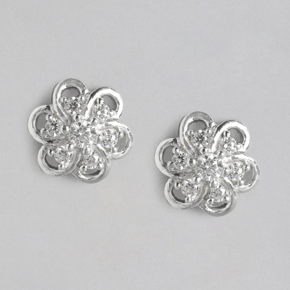 Floral CZ Studded Rhodium Plated 925 Sterling Silver Stud - Image 5