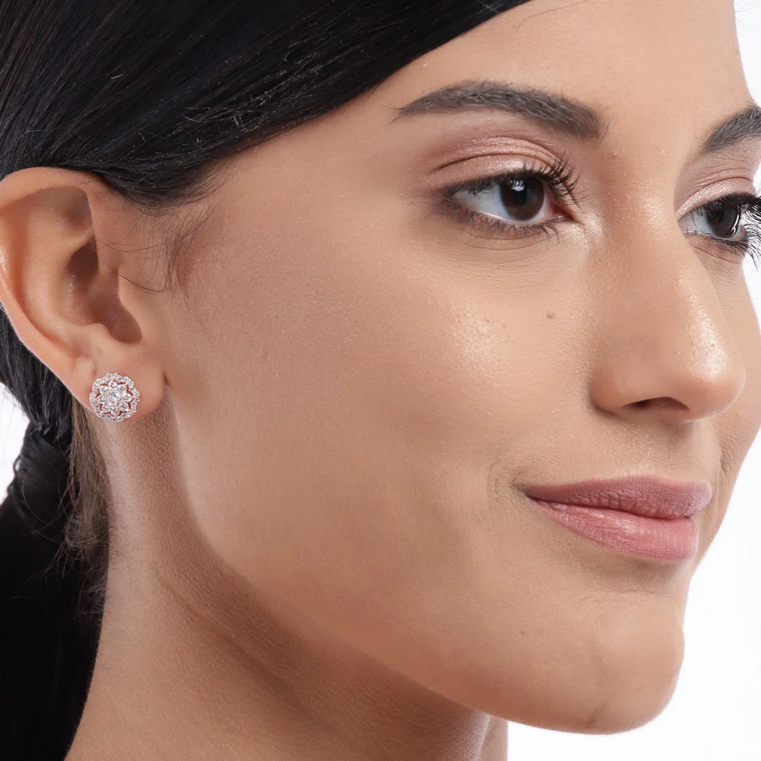 Floral CZ Studded Rose Gold 925 Sterling Silver Stud Earrings - Image 3