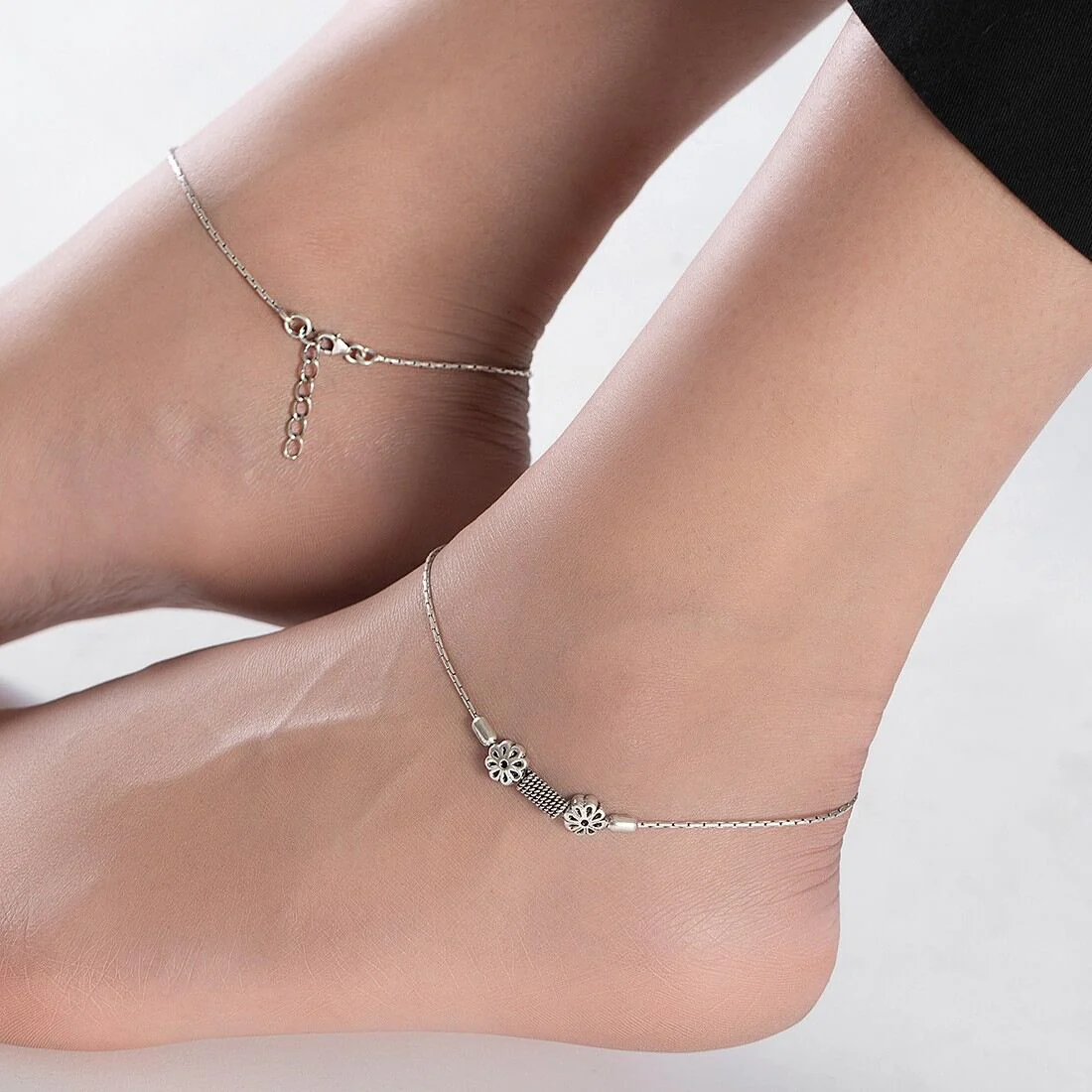 Floral Drop Bead Rhodium Plated 925 Sterling Silver Chain Anklet - Image 3