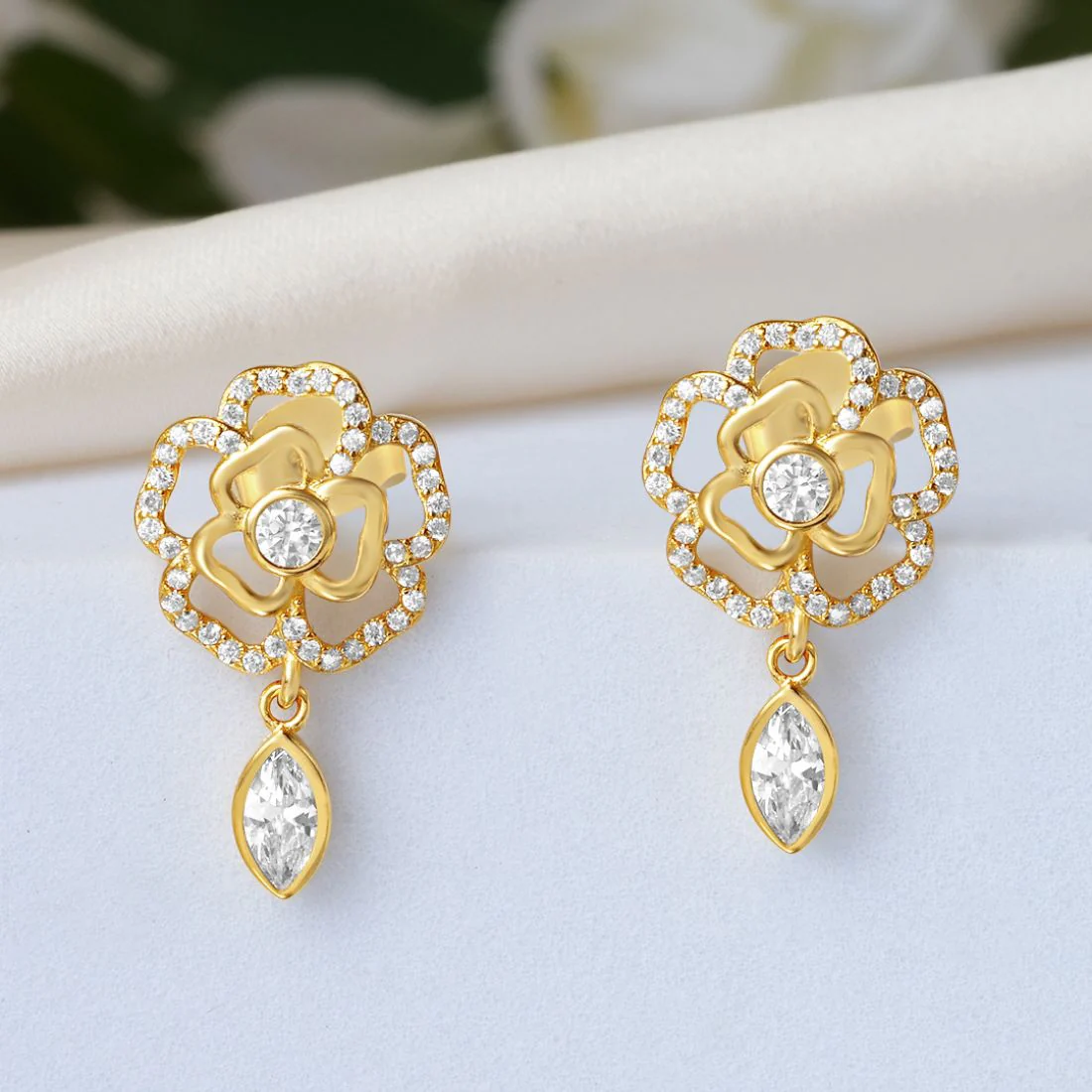 Floral Gold Plated 925 Sterling Silver Earrings
