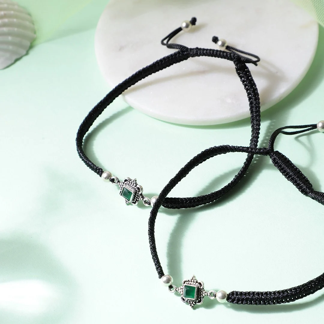 Floral Green Stone Rhodium Plated 925 Sterling Silver Thread Anklet - Image 6