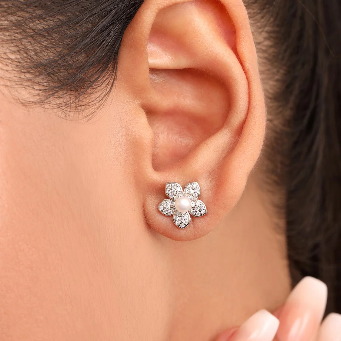 Floral Pearl CZ Rhodium Plated 925 Sterling Silver Stud Earring - Image 2