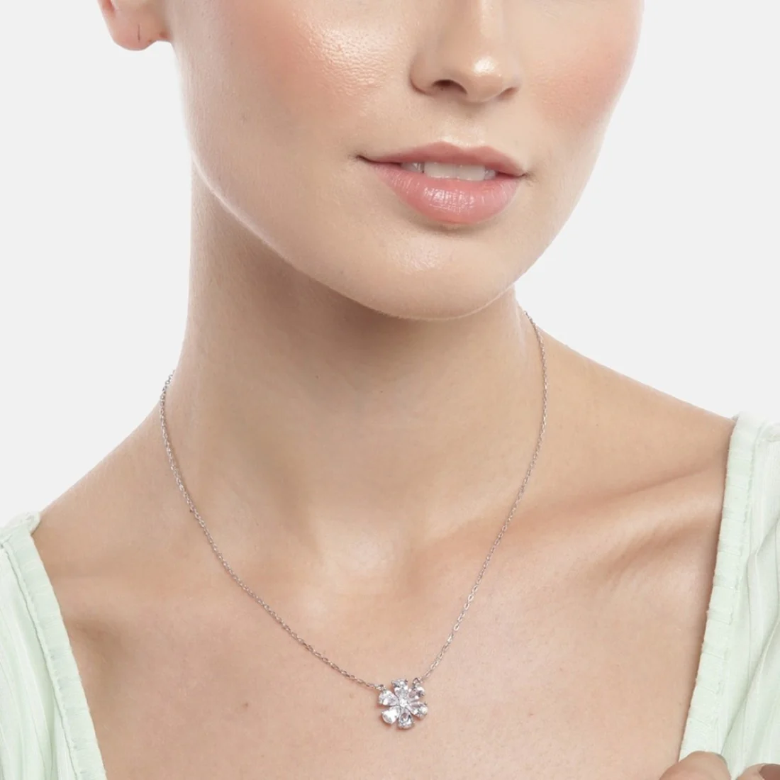 Floral Radiance Rhodium Plated CZ 925 Sterling Silver Necklace - Image 4