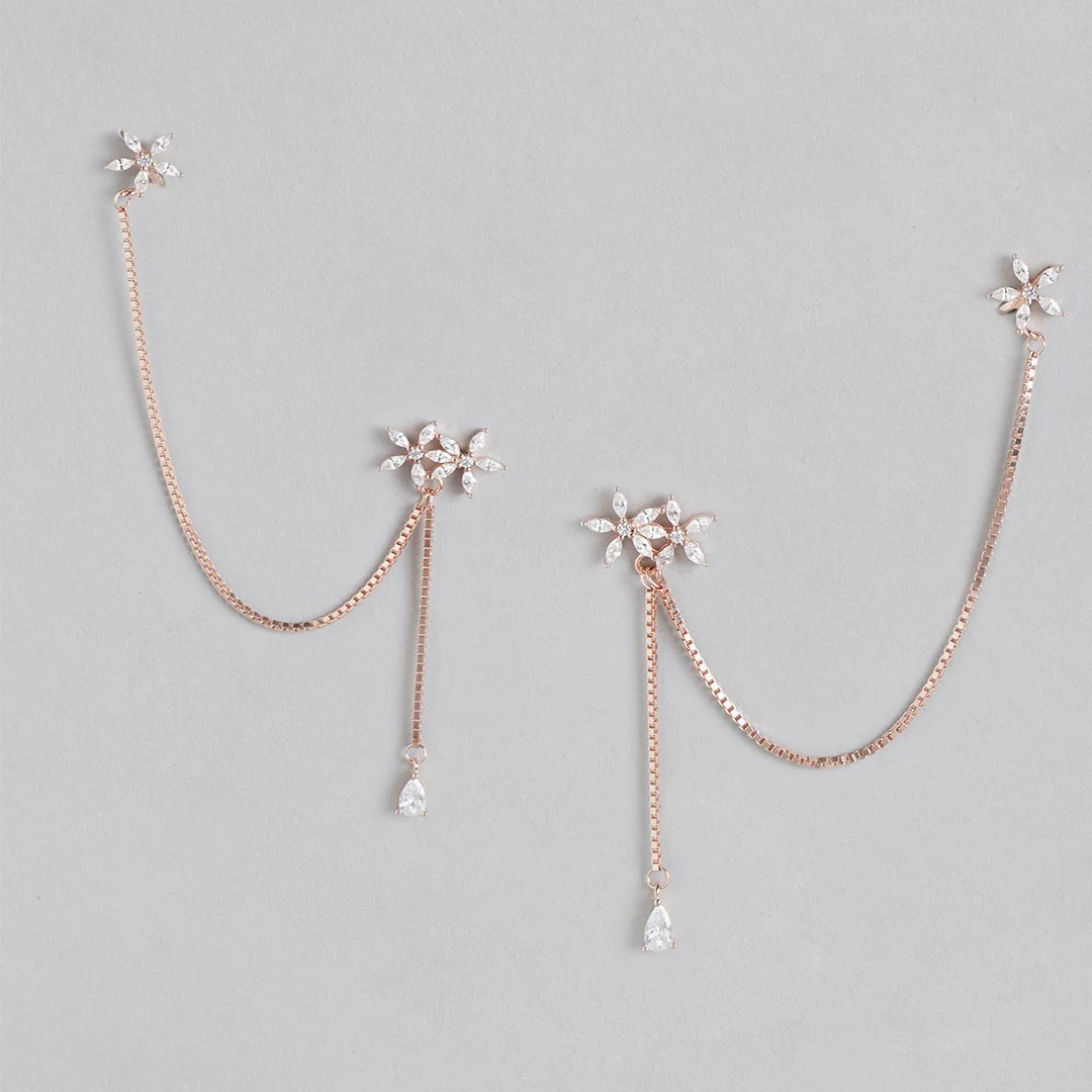 Floral Radiance Rose Gold Cubic Zirconia 925 Sterling Silver Earrings - Image 3