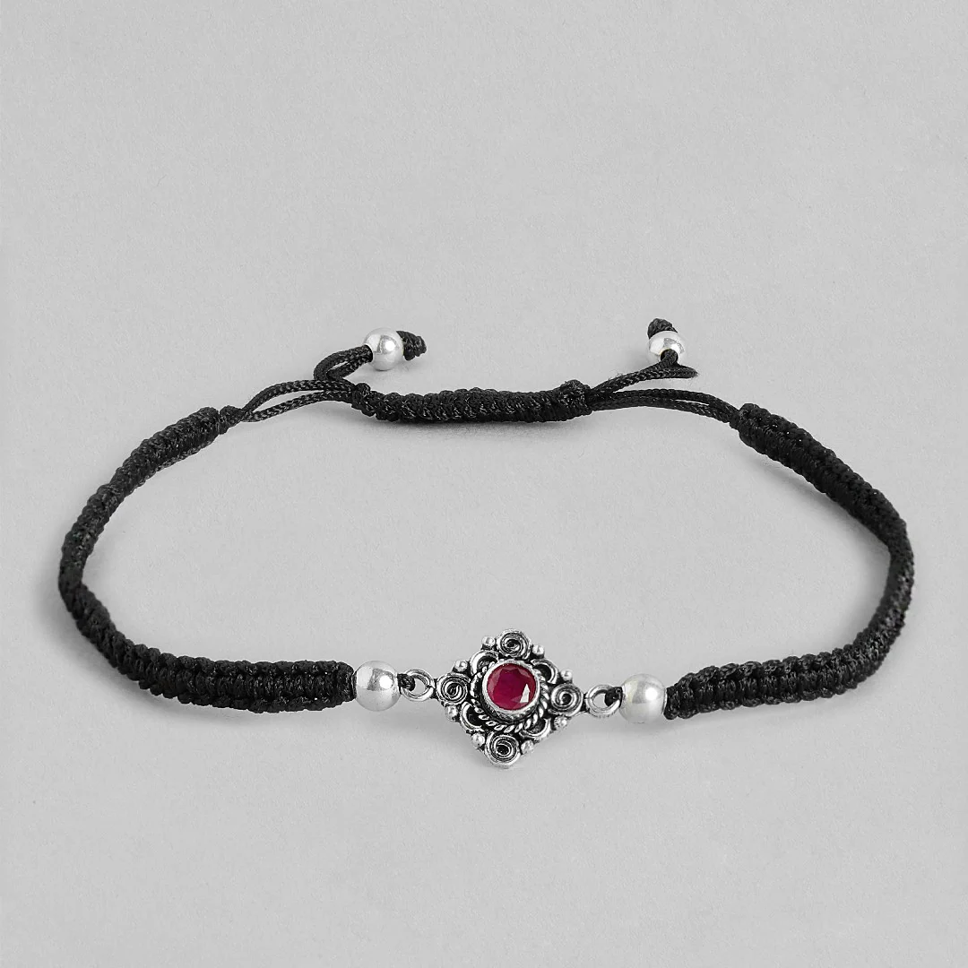 Floral Red Stone Rhodium Plated 925 Sterling Silver Thread Anklet - Image 5
