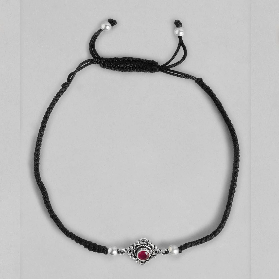 Floral Red Stone Rhodium Plated 925 Sterling Silver Thread Anklet - Image 7