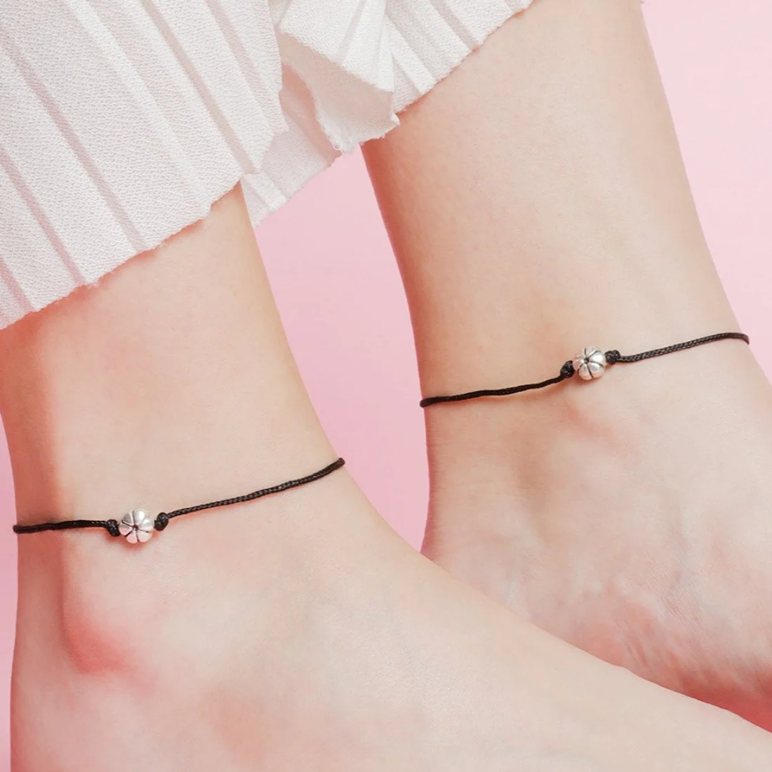 Floral Rhodium Plated 925 Sterling Silver Thread Anklet - Image 5