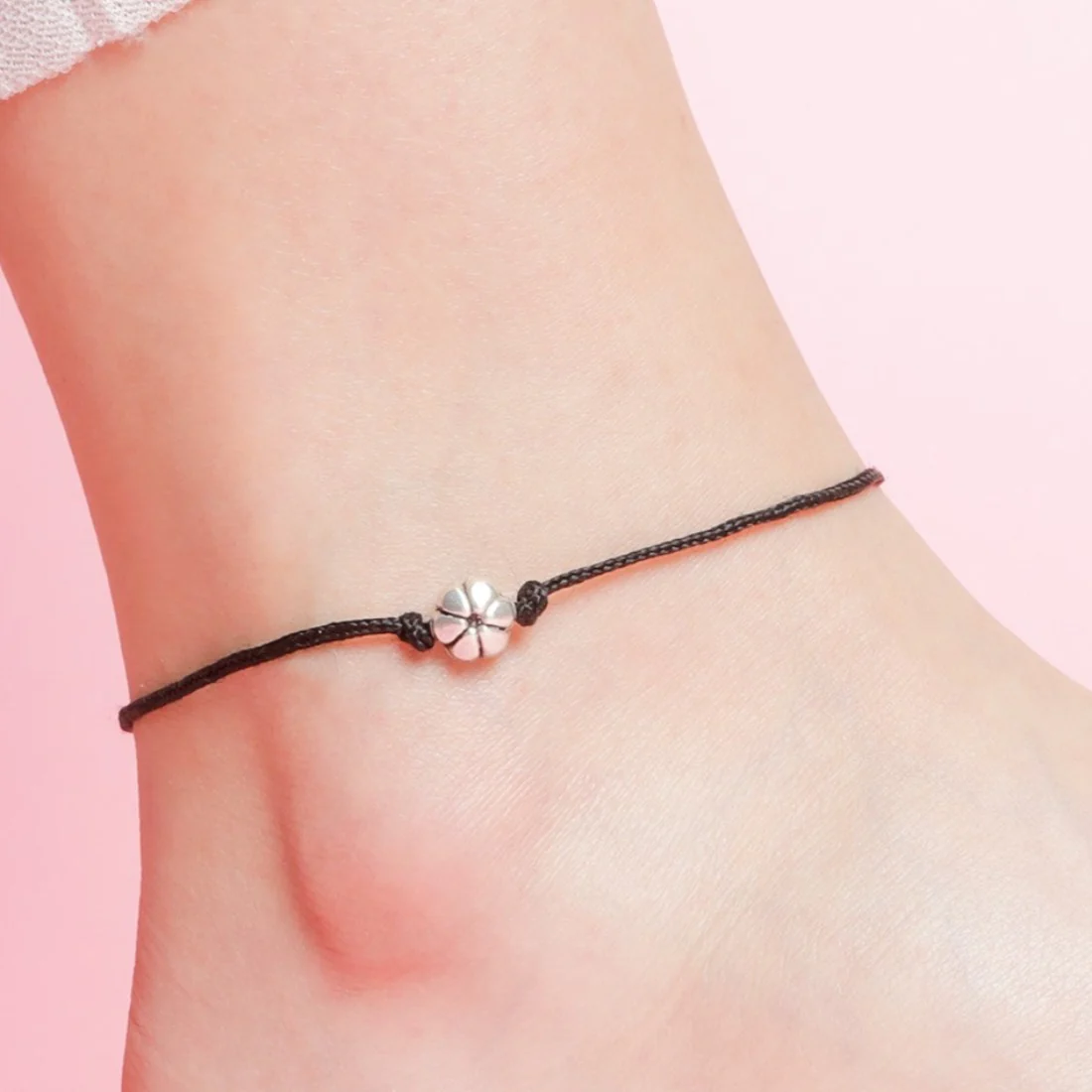 Floral Rhodium Plated 925 Sterling Silver Thread Anklet - Image 6