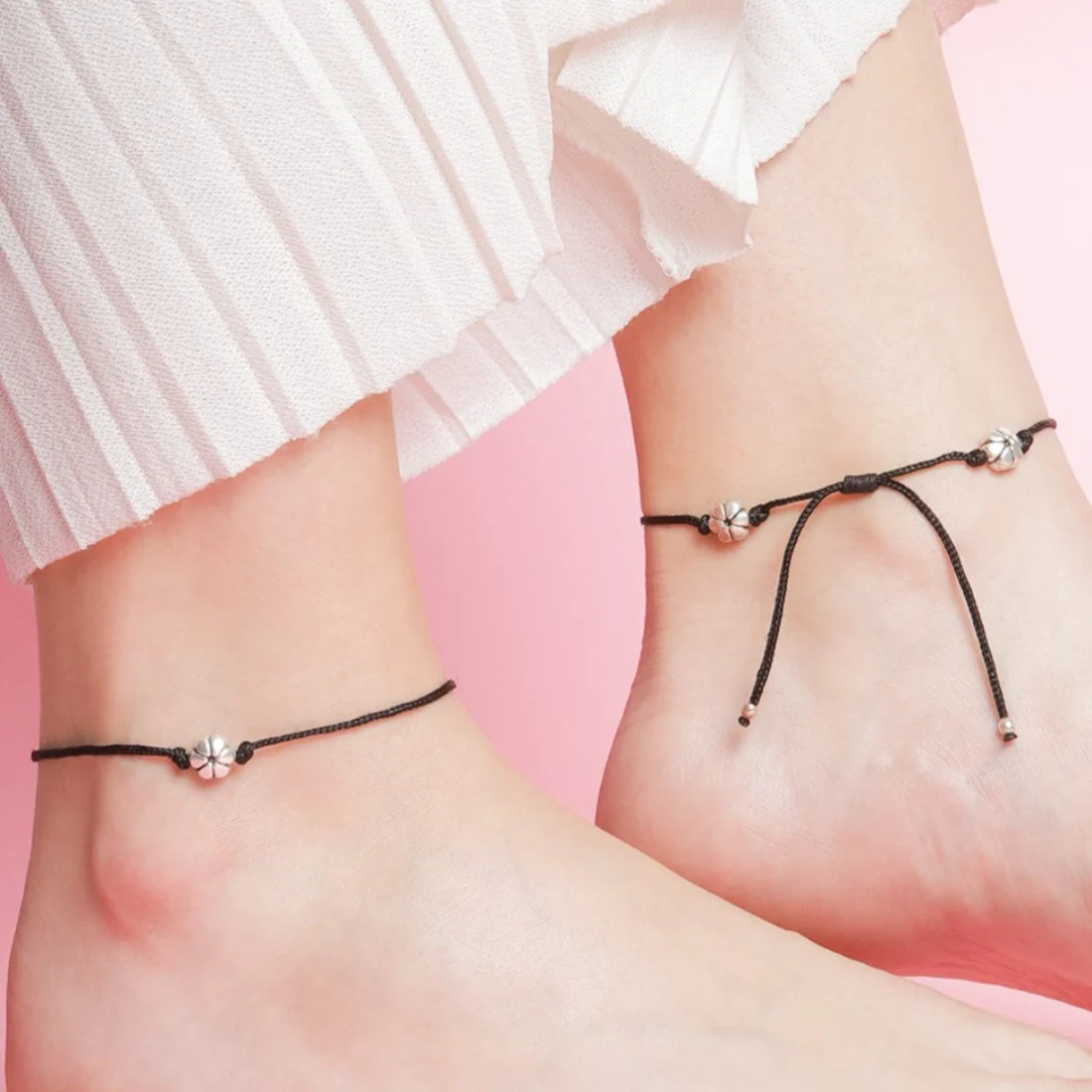 Floral Rhodium Plated 925 Sterling Silver Thread Anklet - Image 7