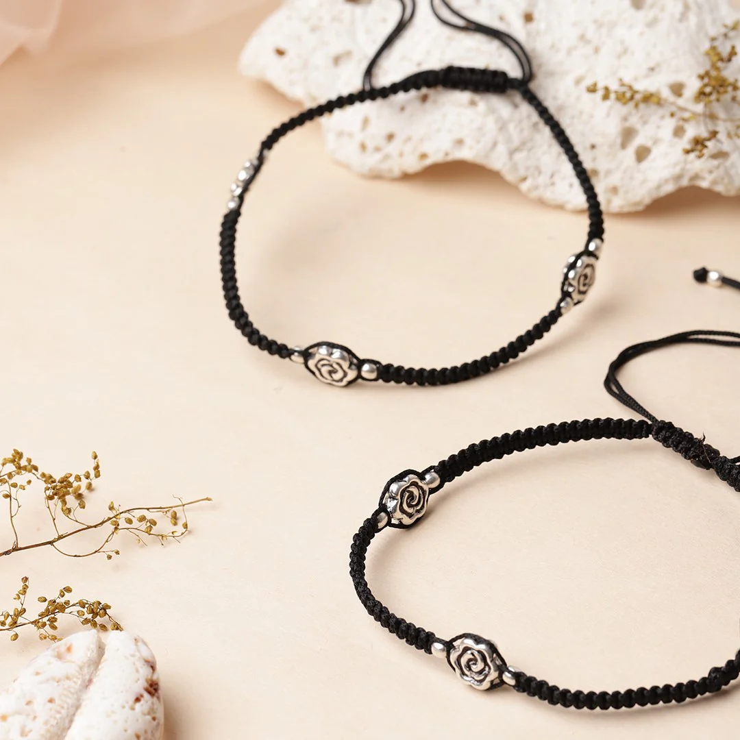 Floral Rhodium Plated 925 Sterling Silver Thread Anklet - Image 2