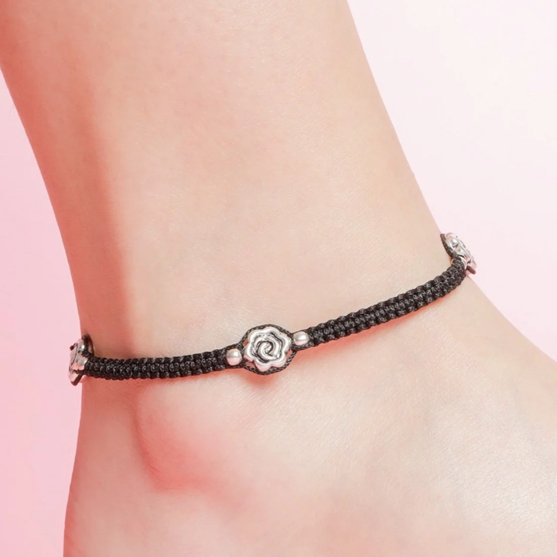 Floral Rhodium Plated 925 Sterling Silver Thread Anklet - Image 3