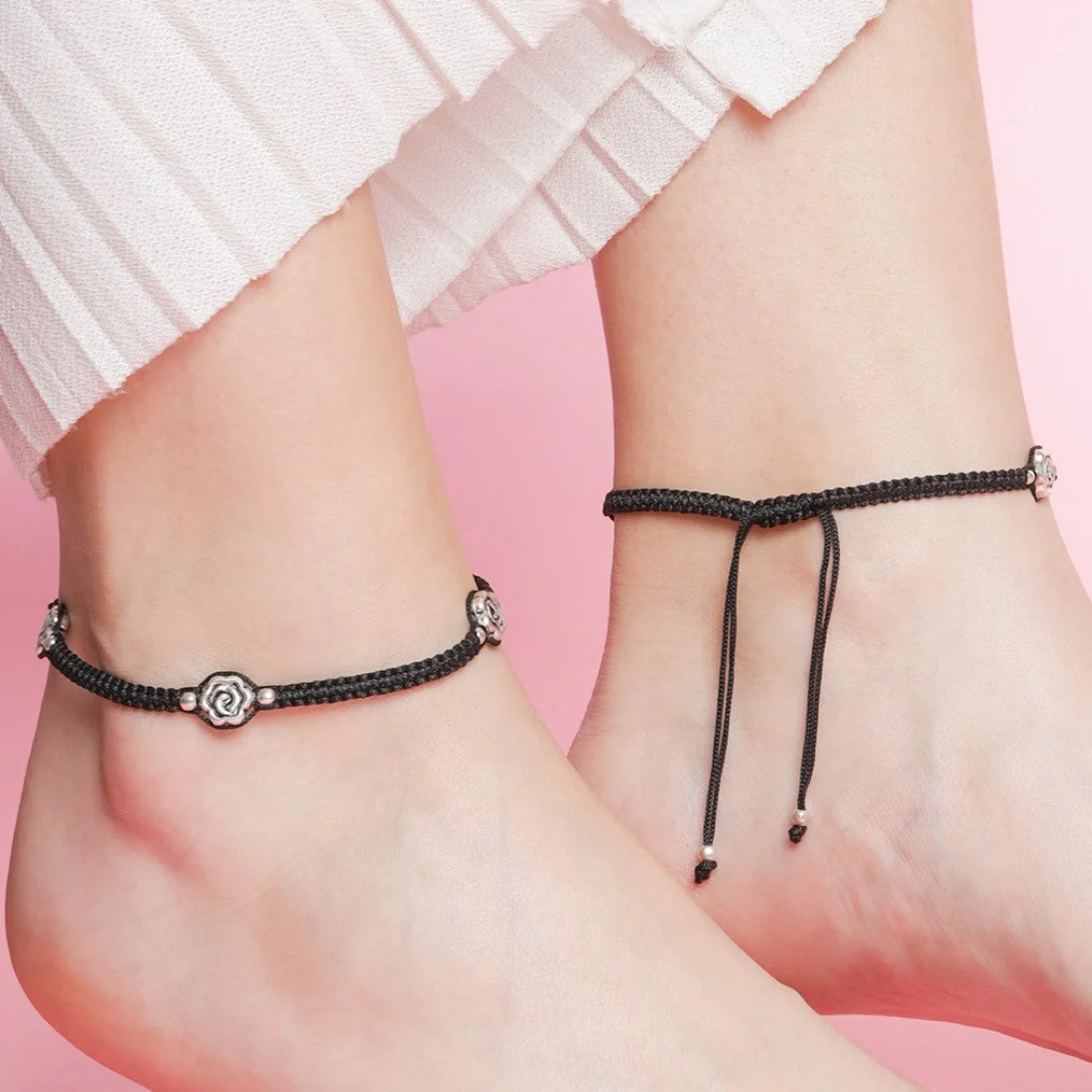 Floral Rhodium Plated 925 Sterling Silver Thread Anklet - Image 4