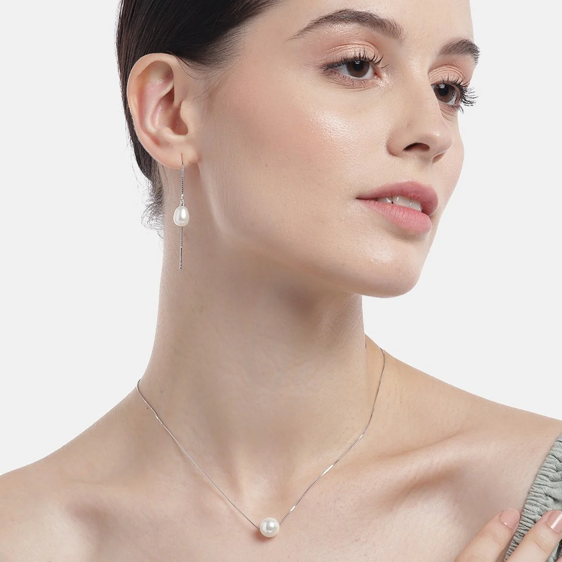 Freshwater Pearl Rhodium Plated 925 Sterling Silver Jewelry Set - Image 2