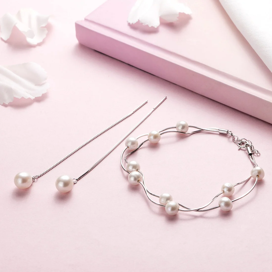 Freshwater Pearl Rhodium Plated 925 Sterling Silver Jewelery set