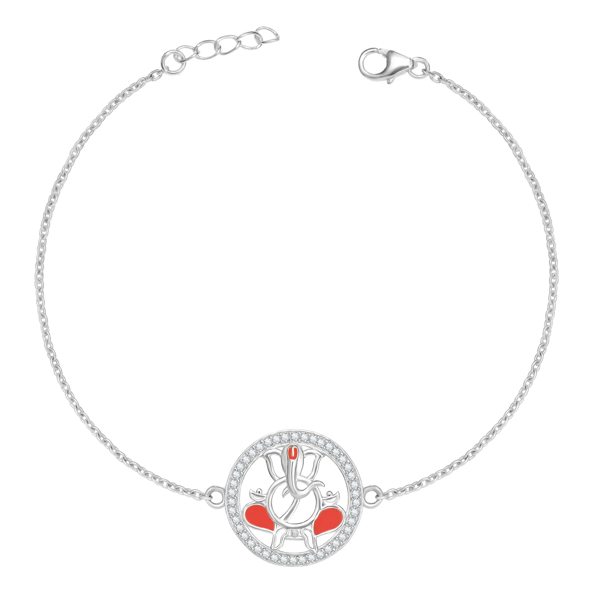 Ganesh Ji Blessings Rhodium-Plated CZ Sterling Silver Chain Rakhi - Image 4