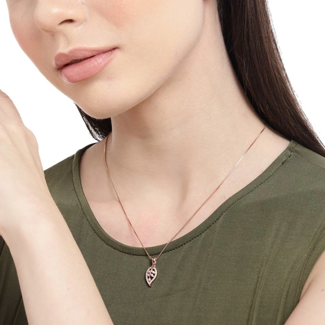 Gilded Foliage CZ Leaf Rose Gold-Plated 925 Sterling Silver Pendant with Chain - Image 3