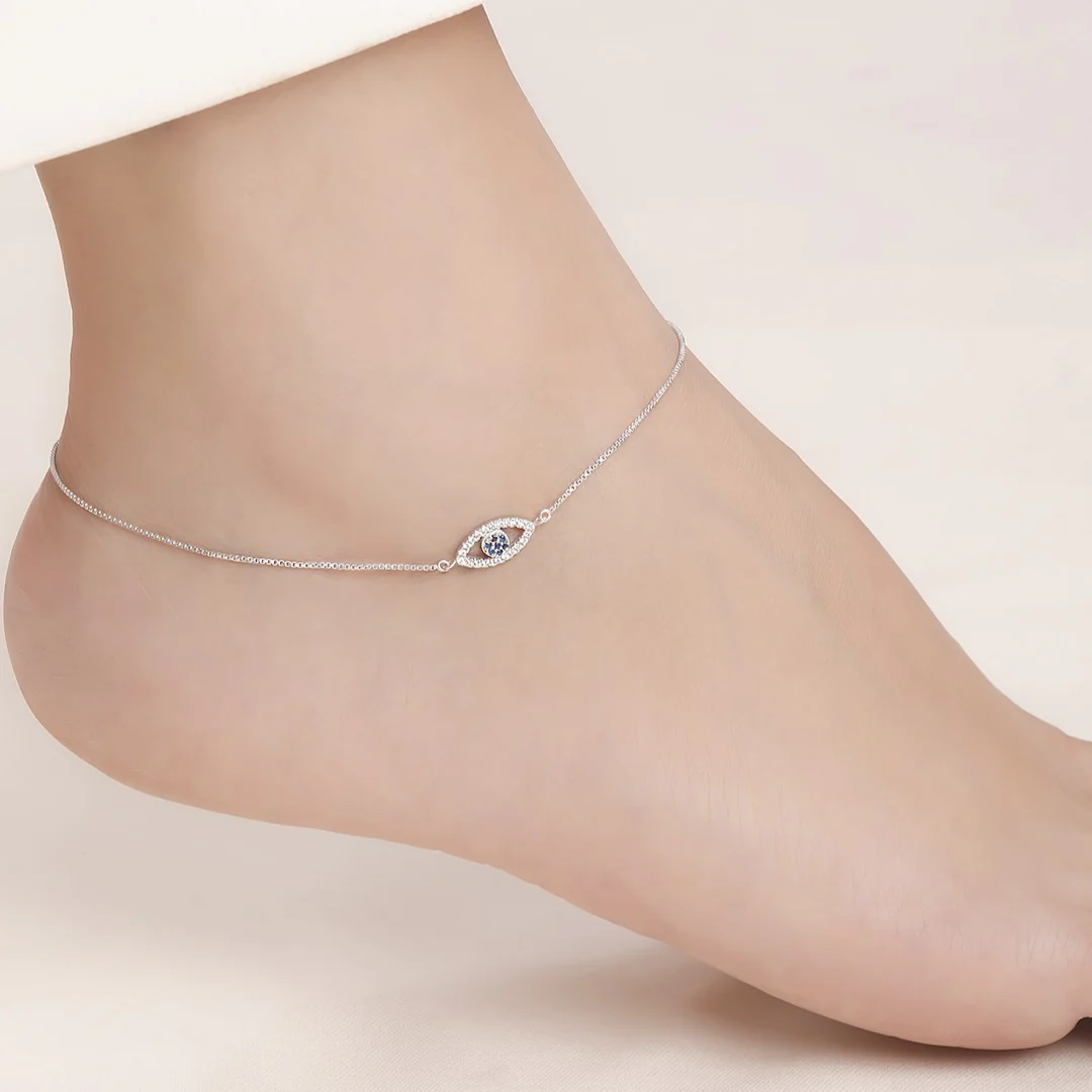Glimmering Evil Eye Rhodium Plated 925 Sterling Silver Anklet - Image 2