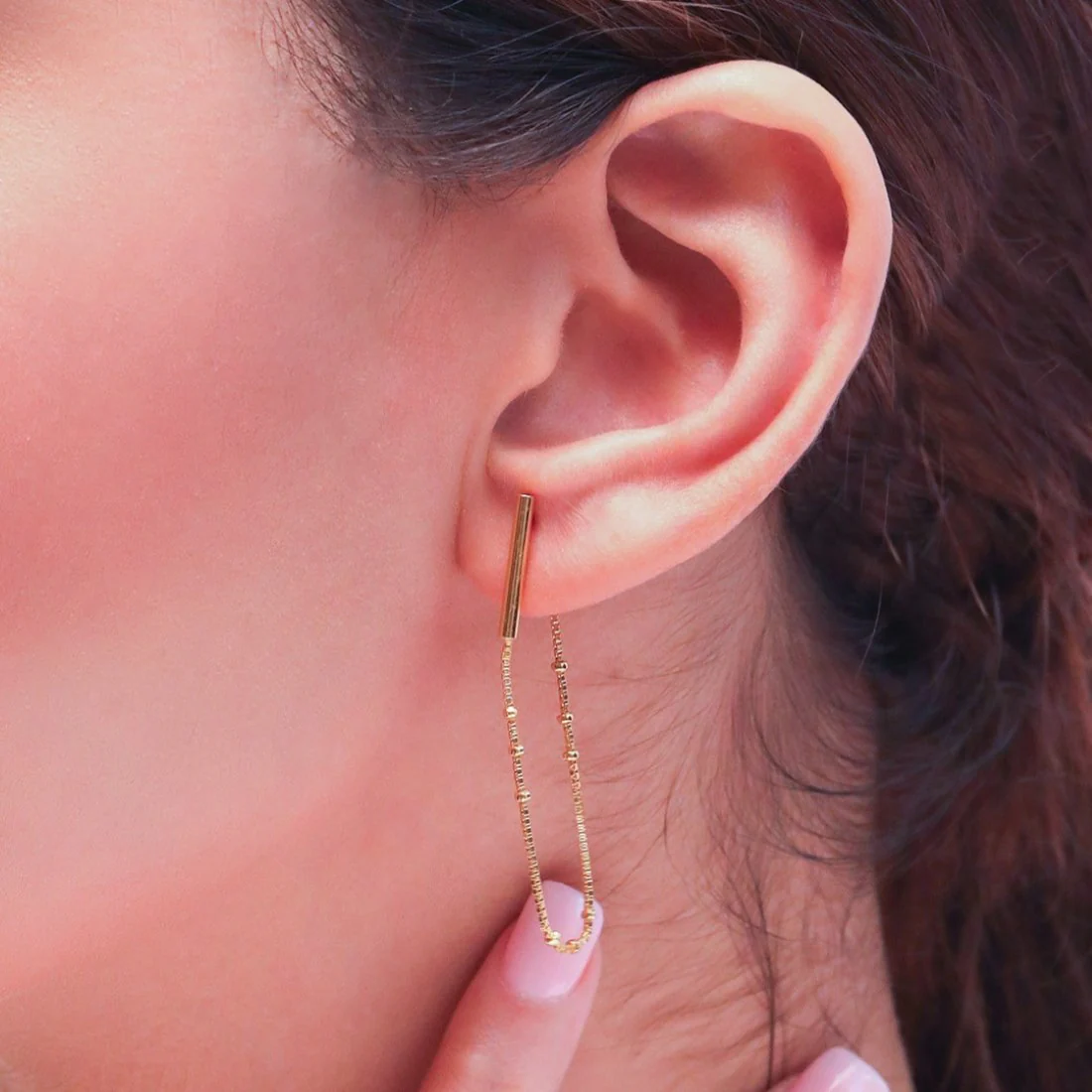 Golden Cascade 925 Sterling Silver Stud Earrings with Drop Chain Look - Image 3