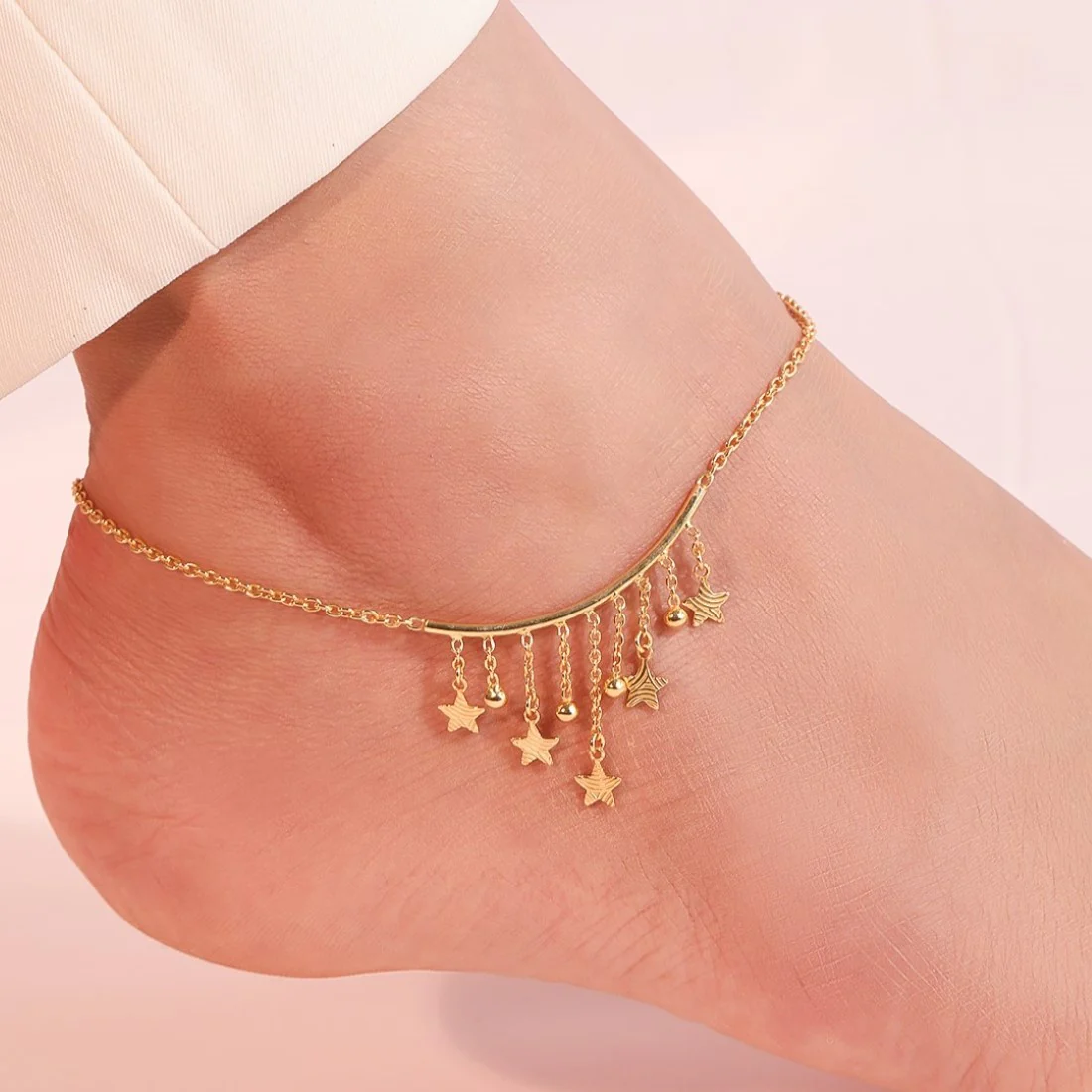 Golden Starry Cascade Gold-Plated 925 Sterling Silver Drop Stars Anklet - Image 2