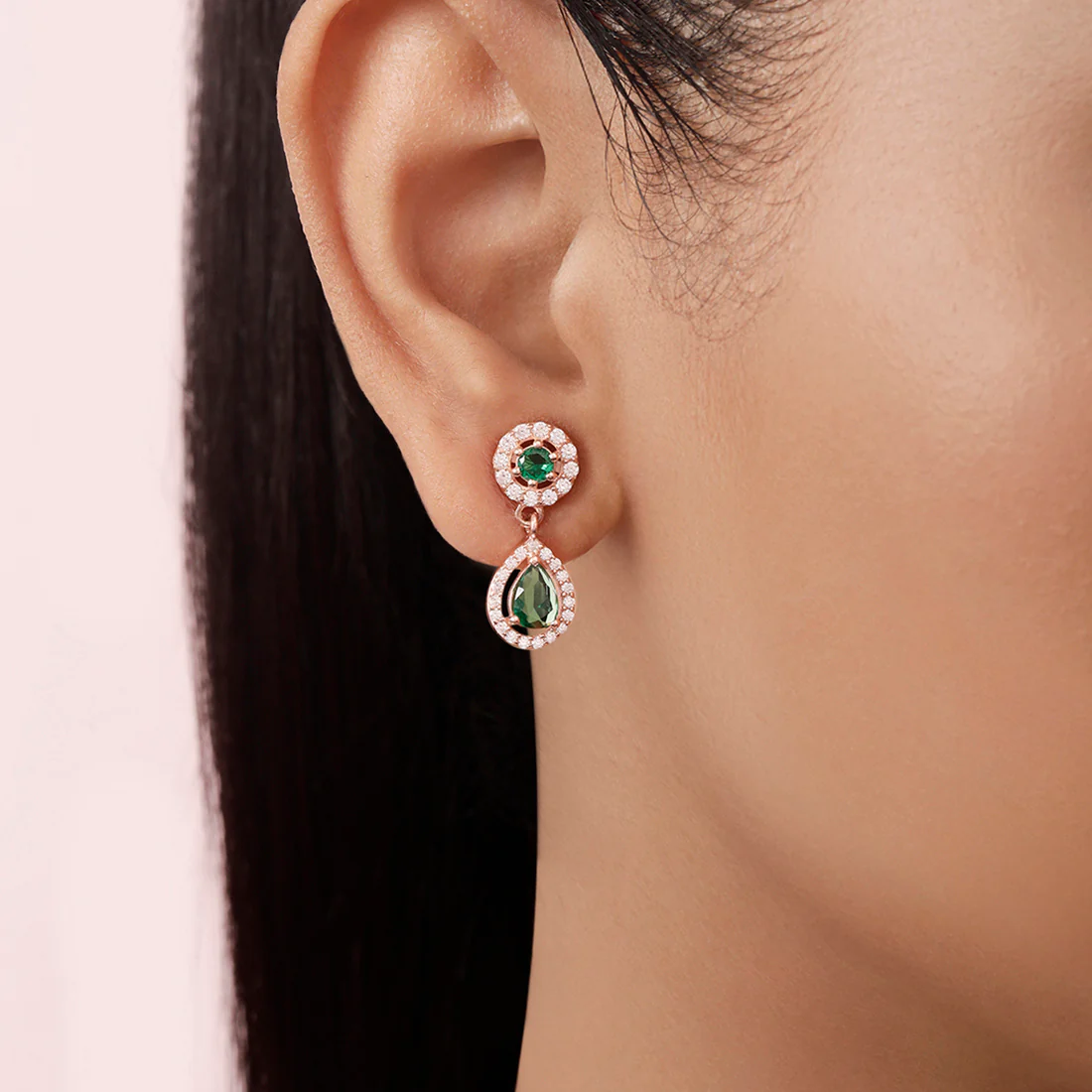 Green Drop Rose Gold Plated 925 Sterling Silver Earrings - Image 2