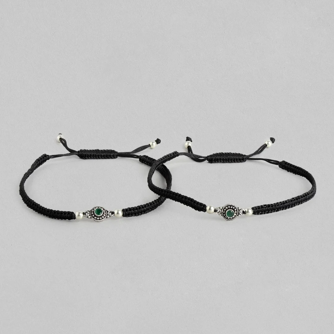 Green Stone Rhodium Plated 925 Sterling Silver Thread Anklet - Image 6