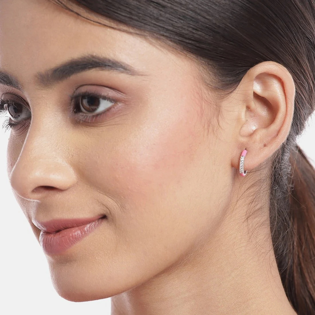 Half Hoop Pink Rhodium Plated 925 Sterling Silver Earrings - Image 2